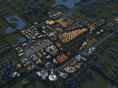 Aerial View Urban Planning With City Layout Infrastructure Roads Water Bodies And Green Spaces 3d model