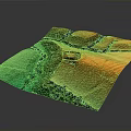 Detailed 3D Topographic Terrain Model With Green Yellow Colors And River Boat