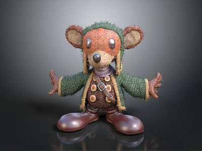 Cute Stuffed Animal Toy With Brown Face Green Knitted Coat And Brown Boots Outstretched Arms 3d model