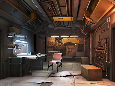 Cartoon Scene Of Industrial Style Room With Metal Pipes Equipment And Broken Floor Chair 3d model