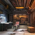 Cartoon Scene Of Industrial Style Room With Metal Pipes Equipment And Broken Floor Chair