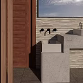 Modern Public Restroom Exterior With Wooden Cladding Glass Door Lawn And Trees
