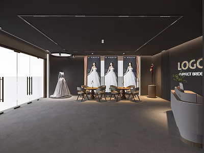 Modern Luxury Bridal Clothing Store Interior With Wedding Dress Display Comfortable Seating And Reception Counter 3d model