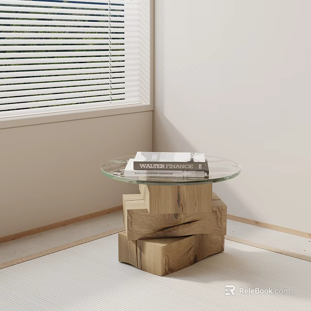 Modern Living Room Side Table With Glass Top And Wooden Stacked Base 3d model 