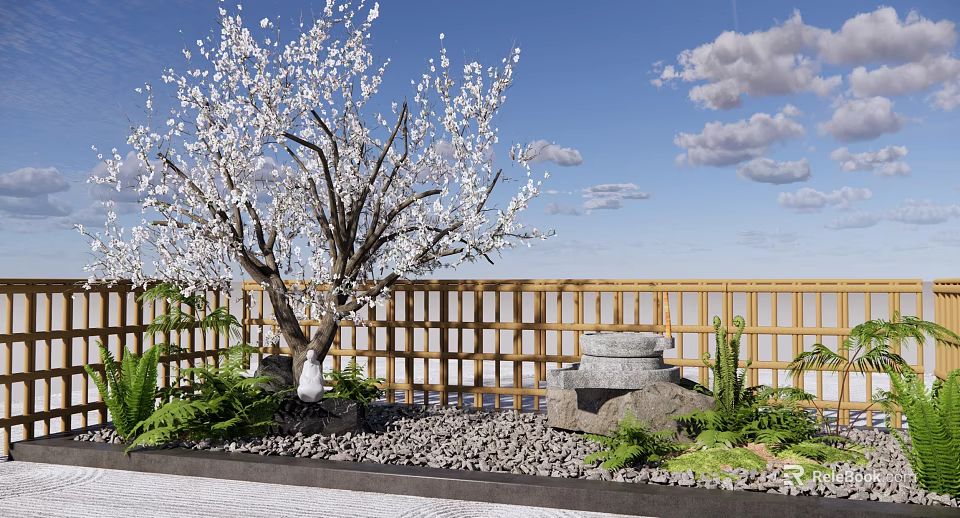Wooden Garden Wall with Blooming Tree Stone Mill Gravel and Green Plants Under Blue Sky 3d model 
