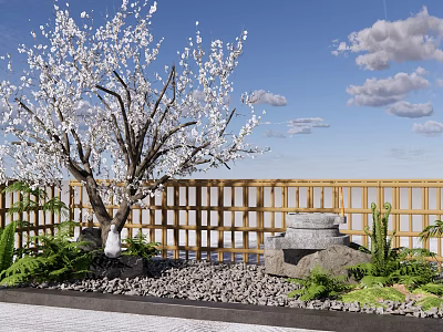 Wooden Garden Wall with Blooming Tree Stone Mill Gravel and Green Plants Under Blue Sky 3d model