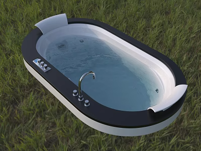 Modern Black And White Outdoor Bathtub With Water And Faucet On Green Grass 3d model