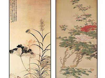 Chinese Plant Painting Elegant Zen Lotus Peony Pattern Hanging Painting Combination model