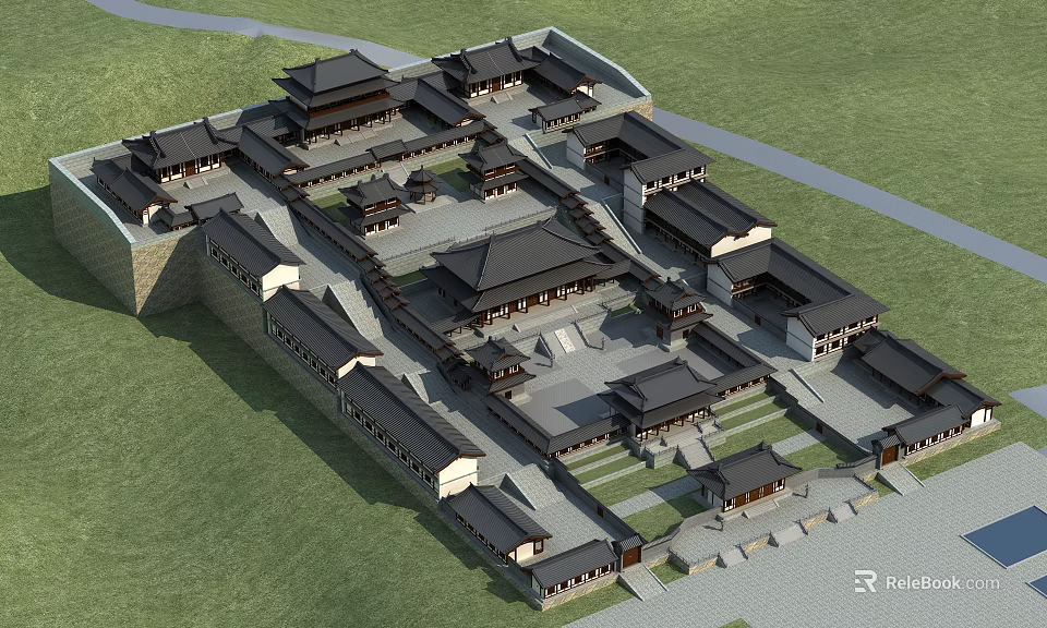 Ancient Architecture Complex Layout With Traditional Courtyards And Symmetrical Roofs 3d model 