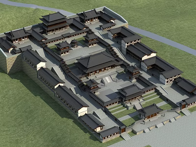 A bird's eye view of an ancient Chinese temple 3d model