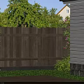 Charming Garden With Wooden Fence Deck White House Green Trees And Purple Flowers