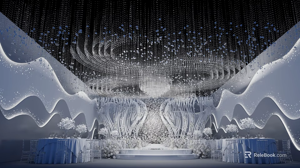 Elegant Floral Installation With Hanging White Blooms And Stage Decor Elements 3d model 