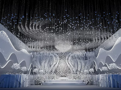 Elegant Floral Installation With Hanging White Blooms And Stage Decor Elements 3d model