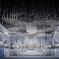 Elegant Floral Installation With Hanging White Blooms And Stage Decor Elements