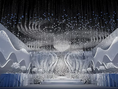 Elegant Floral Installation With Hanging White Blooms And Stage Decor Elements 3d model