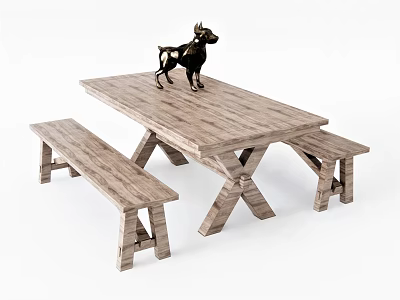 Rustic Wooden Dining Table Set With Matching Benches And Natural Finish 3d model