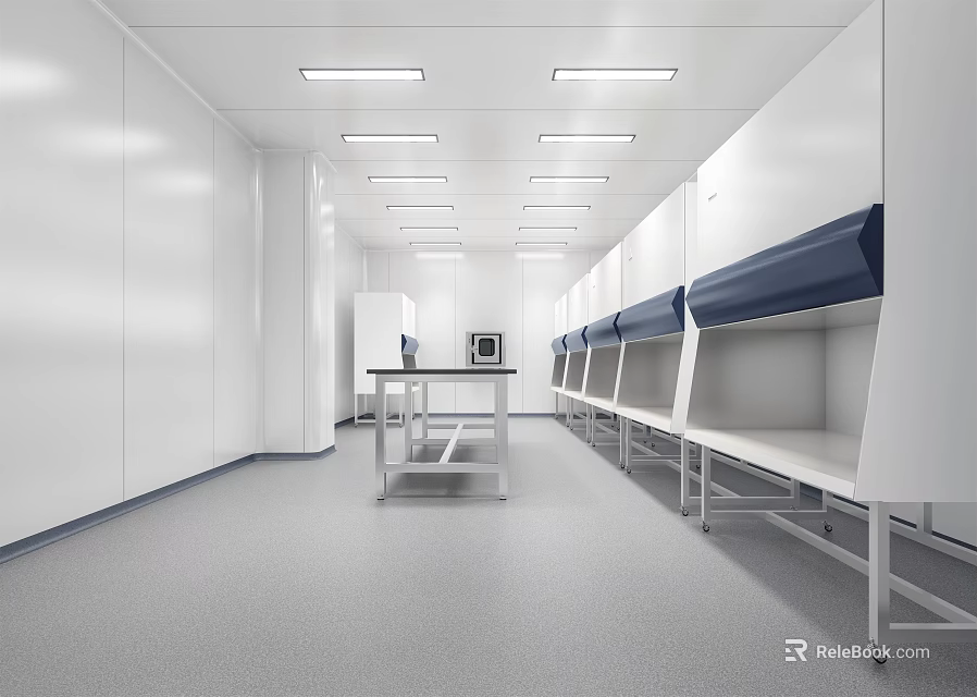 Modern Laboratory Interior With White Walls Ceiling Lights Workbenches And Cabinets 3d model