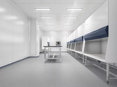 Modern Laboratory Interior With White Walls Ceiling Lights Workbenches And Cabinets 3d model