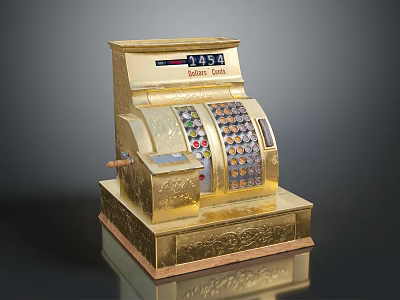 Vintage Gold Retail Sales Cash Register With Colorful Buttons And Crank Handle 3d model