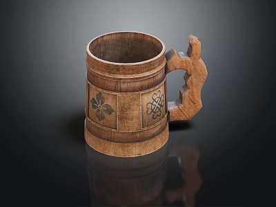 Wooden Mug with Intricate Carved Patterns and Unique Ornate Handle Design 3d model