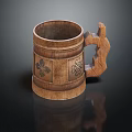 Wooden Mug with Intricate Carved Patterns and Unique Ornate Handle Design