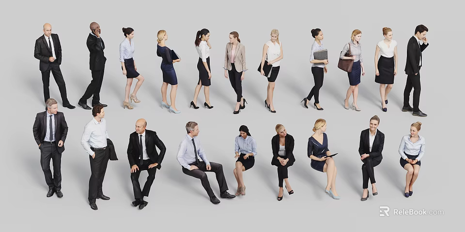 Professional People in Business Attire Standing and Sitting in Various Poses 3d model 