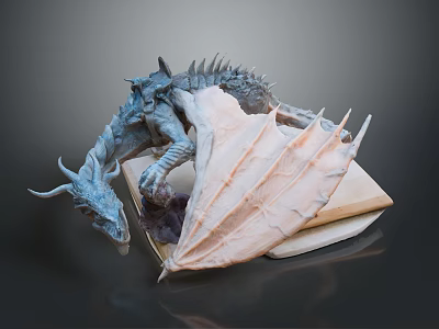 Artistic Dragon Character Sculpture With Detailed Textured Wings Lying On Book Platform 3d model