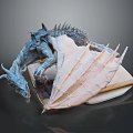 Artistic Dragon Character Sculpture With Detailed Textured Wings Lying On Book Platform