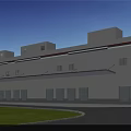 Modern Industrial Factory Building Exterior With Cars People Greenery And Red Accent Lines