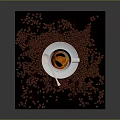 White Coffee Cup With Coffee And Silver Spoon On Dark Wooden Tray With Coffee Beans