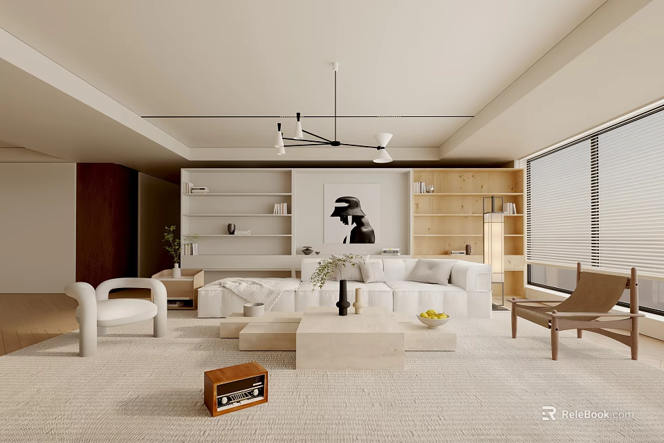 Modern Living Room Interior Design With White Sofa Coffee Table Wooden Shelves And Artwork 3d model 