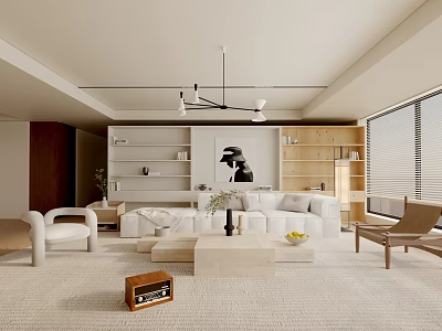 Modern Living Room Interior Design With White Sofa Coffee Table Wooden Shelves And Artwork 3d model