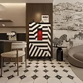 Modern Dining and Living Room Interior With Sofa Dining Table Patterned Flooring And Lighting