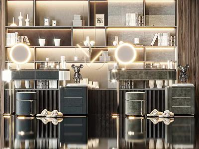 Modern Dressing Table Design With Round Mirrors Ambient Lighting And Storage Cabinets 3d model