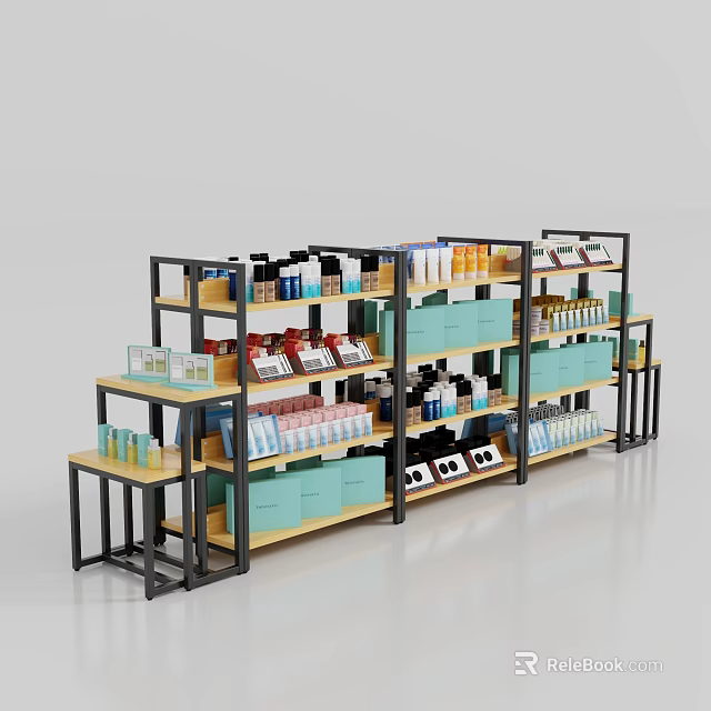 Multi tiered Display Shelves With Black Frame And Wooden Layers For Retail Products 3d model 