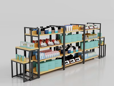 Multi tiered Display Shelves With Black Frame And Wooden Layers For Retail Products 3d model