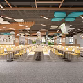Modern Cafeteria Interior With Yellow White Chairs Tables And Ceiling Features 3d model
