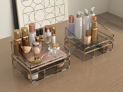 Perfume Cosmetics Organizer With Transparent Acrylic Storage Box Gold Frame And Wooden Tabletop 3d model