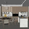 Modern Open Restaurant Kitchen With Dining Table Chairs Hanging Lamp Wooden Cabinets And Marble Countertop