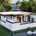 Modern Detached Villa With Flat Roof Lush Green Lawn And Palm Trees