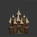 Medieval Castle Architecture With Multiple Conical Spires And Brick Tower Structures 3d model