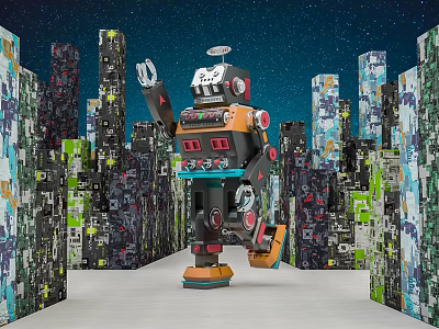 Smart Robot Walking Between Colorful Block Towers With Starry Sky Background 3d model