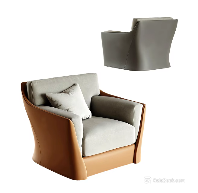 Modern Single Sofa With Light Gray Cushion And Brown Curved Armrests 3d model