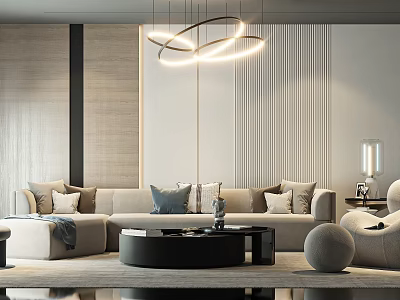 Modern Sofa And Coffee Table Set With Pillows Circular Lamp And Minimalist Wall 3d model