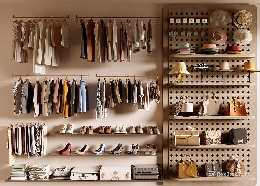 Organized Clothes Hanging On Racks In Wardrobe With Hats Bags Shoes And Accessories 3d model 
