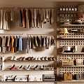 Organized Clothes Hanging On Racks In Wardrobe With Hats Bags Shoes And Accessories