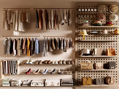 Organized Clothes Hanging On Racks In Wardrobe With Hats Bags Shoes And Accessories 3d model