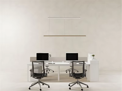 Modern Office Desk Workspace With Two Computers Office Chairs And Pendant Light 3d model