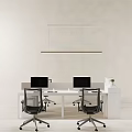 Modern Office Desk Workspace With Two Computers Office Chairs And Pendant Light 3d model
