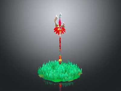 Decorative Spear Weapon With Red Floral Accents On Green Grass Base 3d model